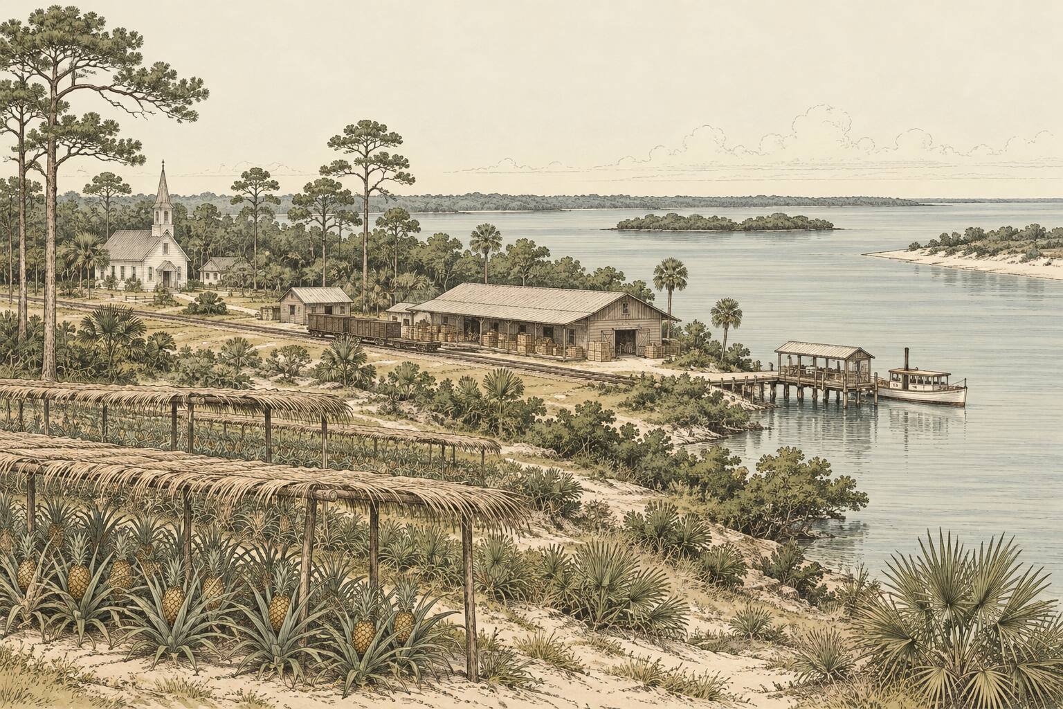 Illustration: pineapple fields above the Indian River, a small frame church, a long packing house by the track, and a dock