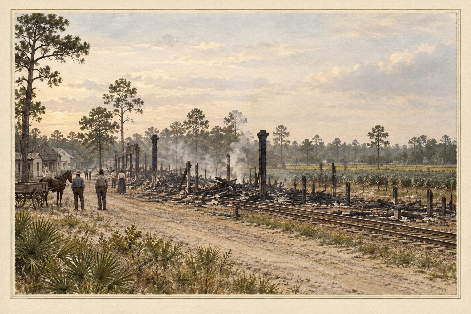 Illustration: the morning after the Jensen fire of 1908, the burned business street and the ruins beside the track, with pineapple fields beyond