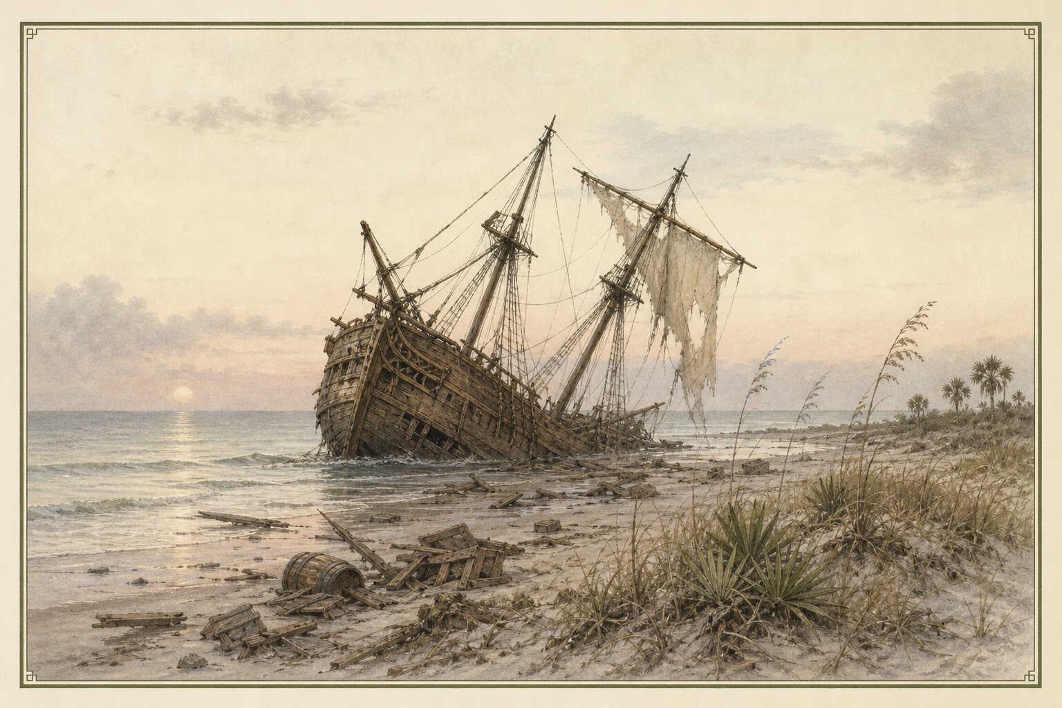 Illustration of a seventeenth-century sailing ship wrecked on a Florida barrier island beach after a storm