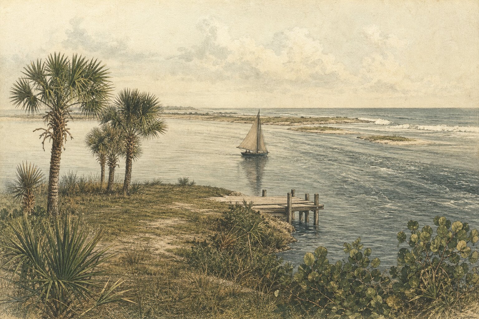Illustration: the St. Lucie Inlet seen from Sewalls Point, with breakers on the bar beyond the meeting of the two rivers