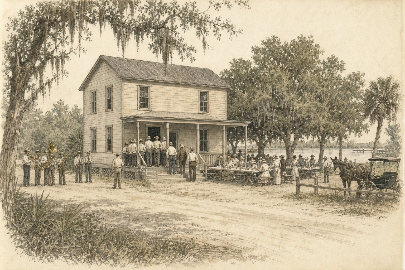 Illustration: voters line the porch of a wooden club hall while women serve dinner at long tables under the oaks beside it